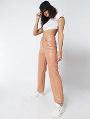 Kotty Women Beige Relaxed Straight Fit PU Leather Parallel Trousers