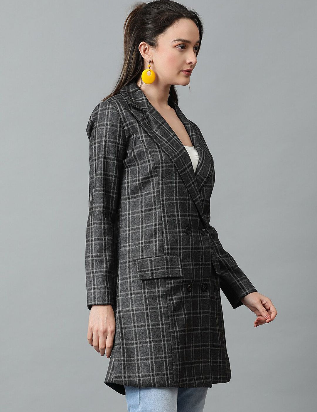 KOTTY BIZwear Grey Checked Double-Breasted Overcoat