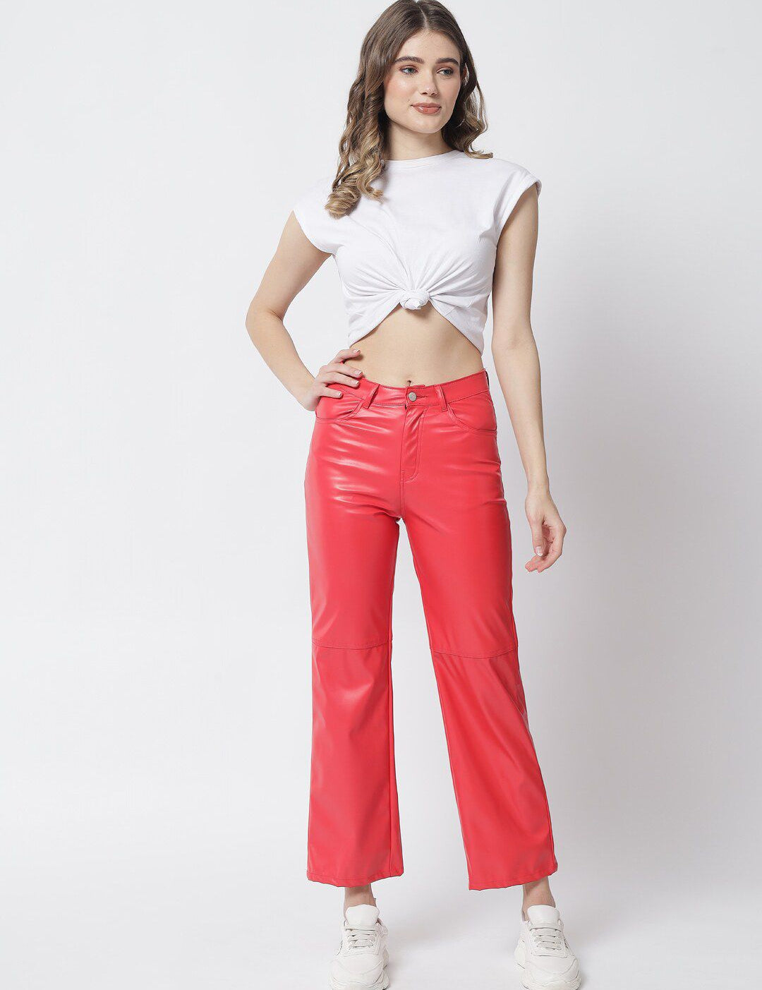 Kotty Women Red Relaxed Straight Fit Faux Leather Trousers