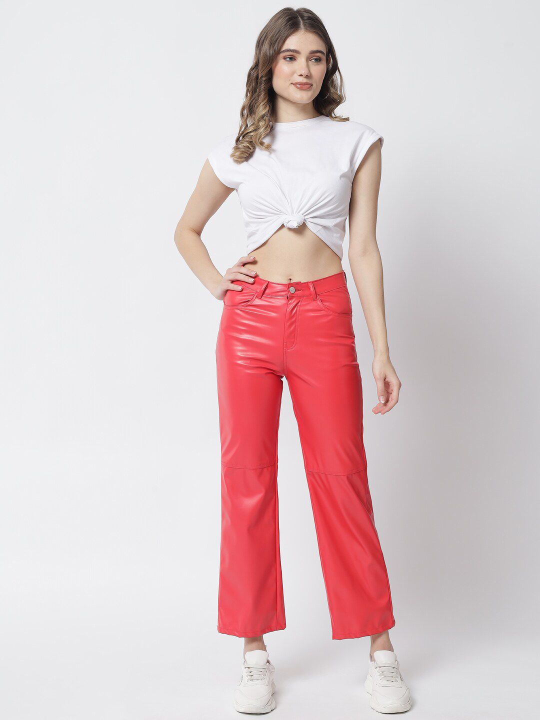 Kotty Women Red Relaxed Straight Fit Faux Leather Trousers
