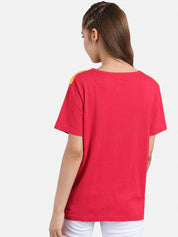 Kotty Women Pink & Mustard Yellow Colourblocked Boat Neck T-shirt