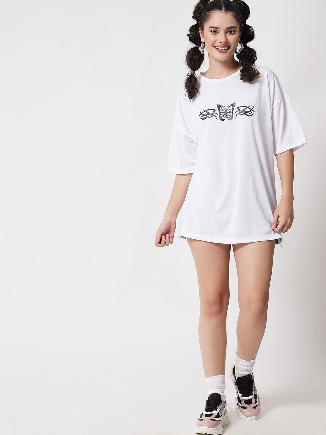 Kotty Women White Typography Printed Oversized T-shirt