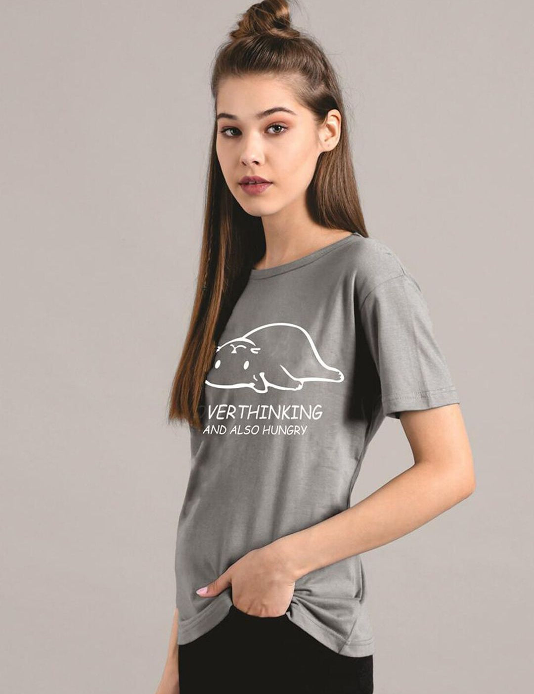 Kotty Women Grey Printed Round Neck T-shirt