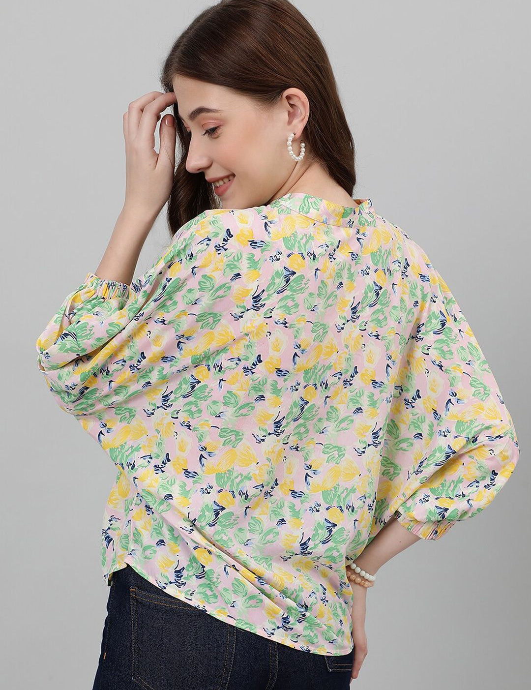 Kotty Yellow & Pink Floral Printed Mandarin Collar Puff Sleeves Crepe Casual Shirt
