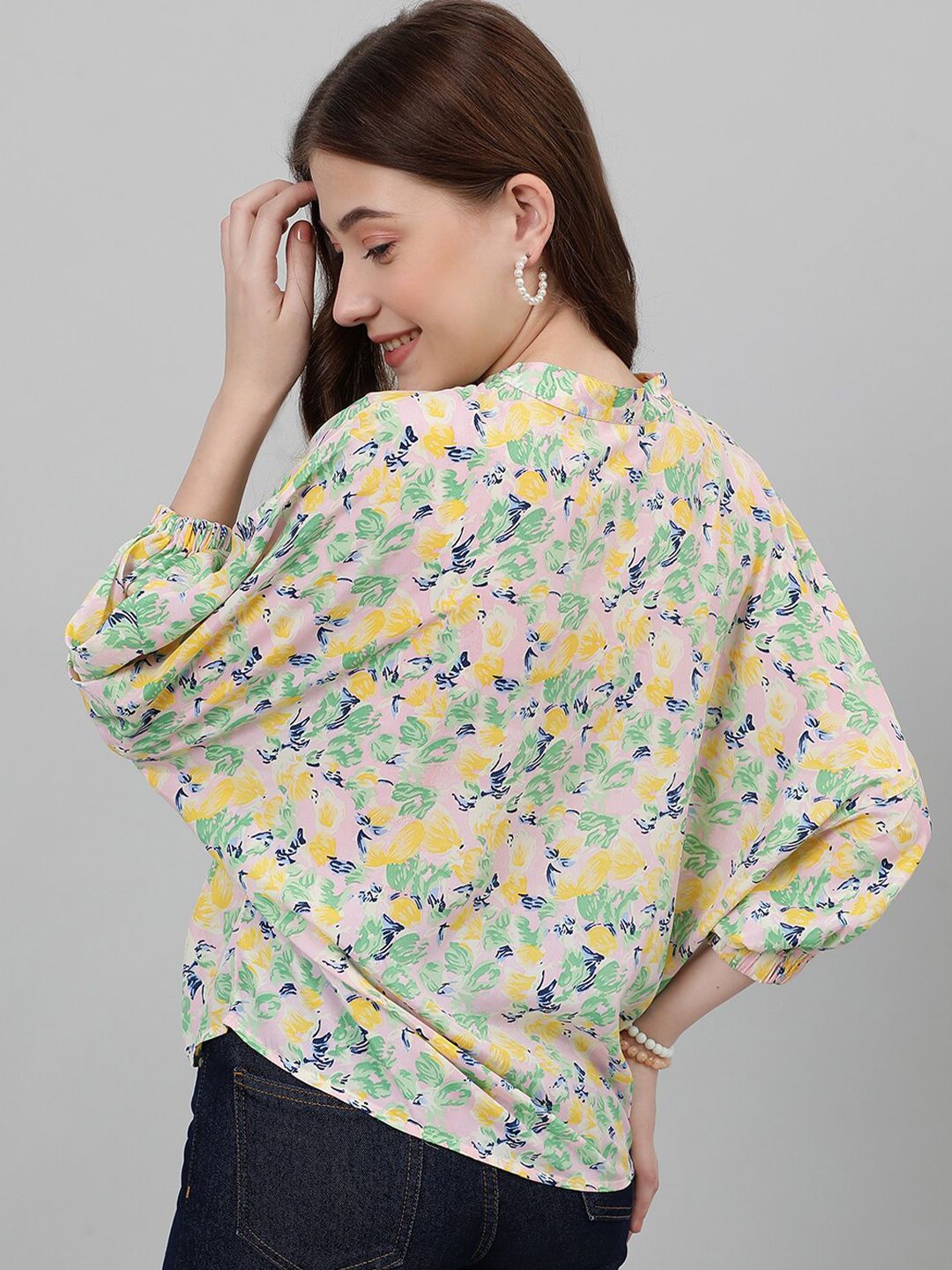 Kotty Yellow & Pink Floral Printed Mandarin Collar Puff Sleeves Crepe Casual Shirt