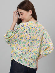 Kotty Yellow & Pink Floral Printed Mandarin Collar Puff Sleeves Crepe Casual Shirt