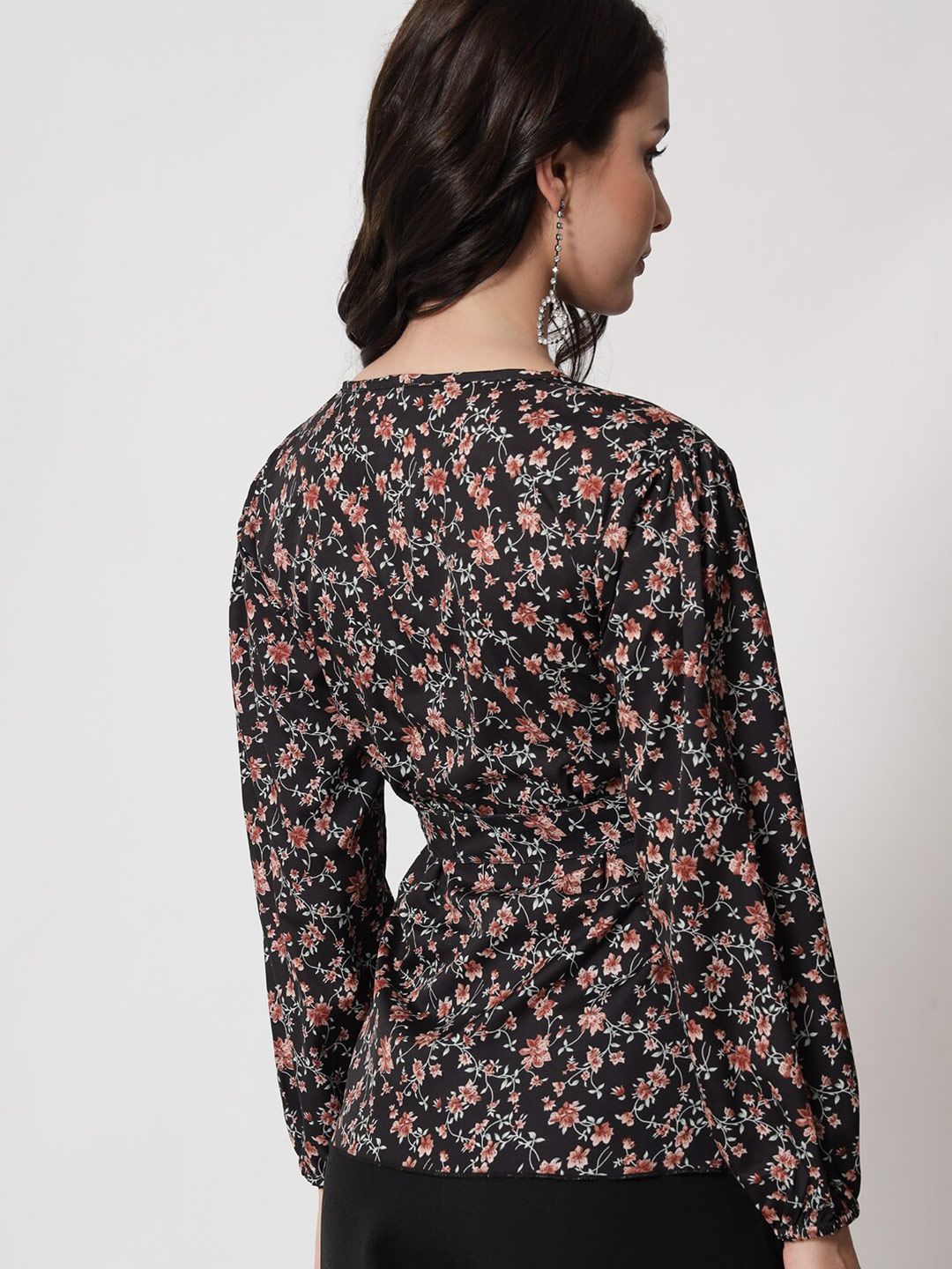Kotty Black & Pink Floral Print Crepe Wrap Top