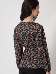 Kotty Black & Pink Floral Print Crepe Wrap Top