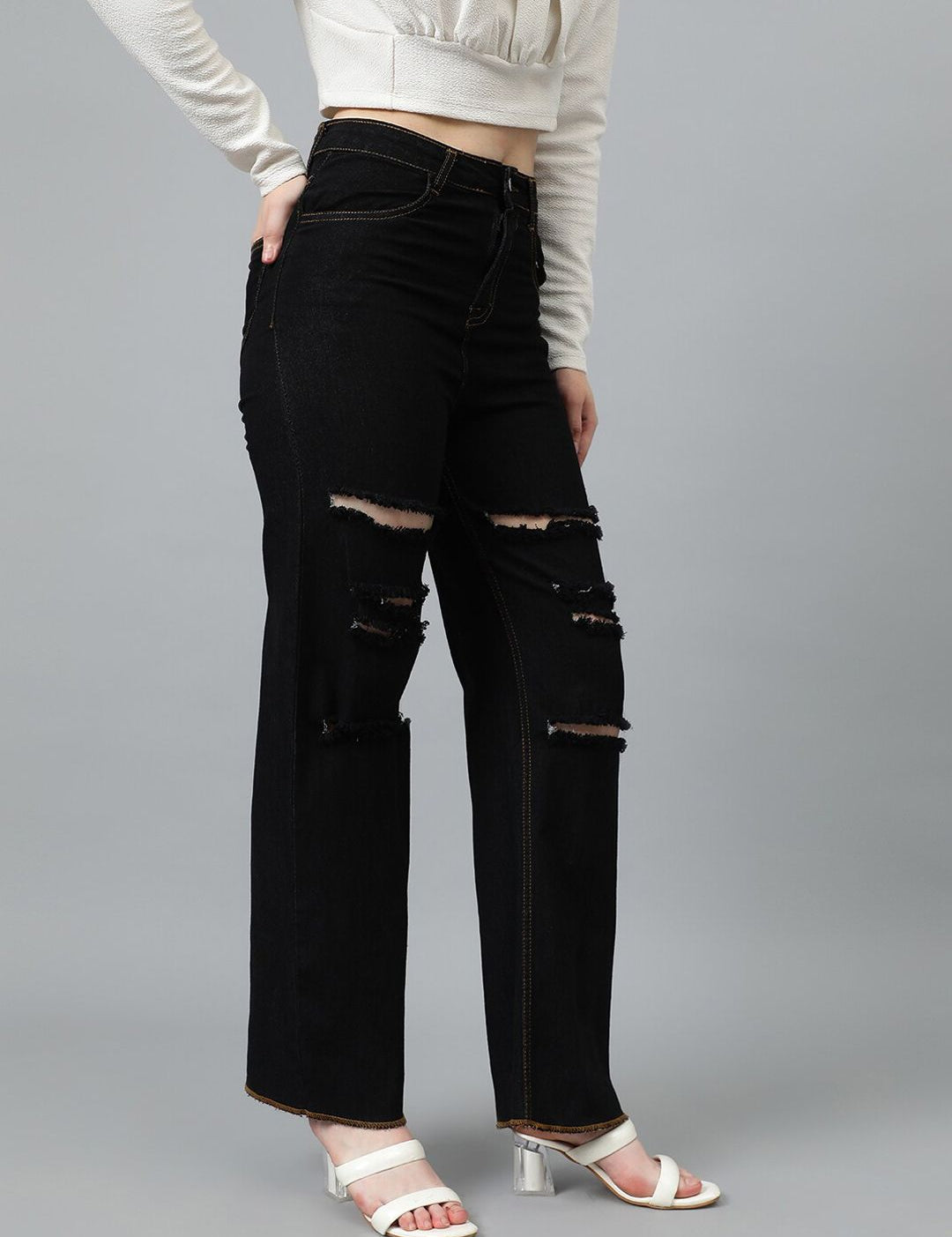 Kotty Women Black Jean Straight Fit High-Rise Highly Distressed Stretchable Jeans