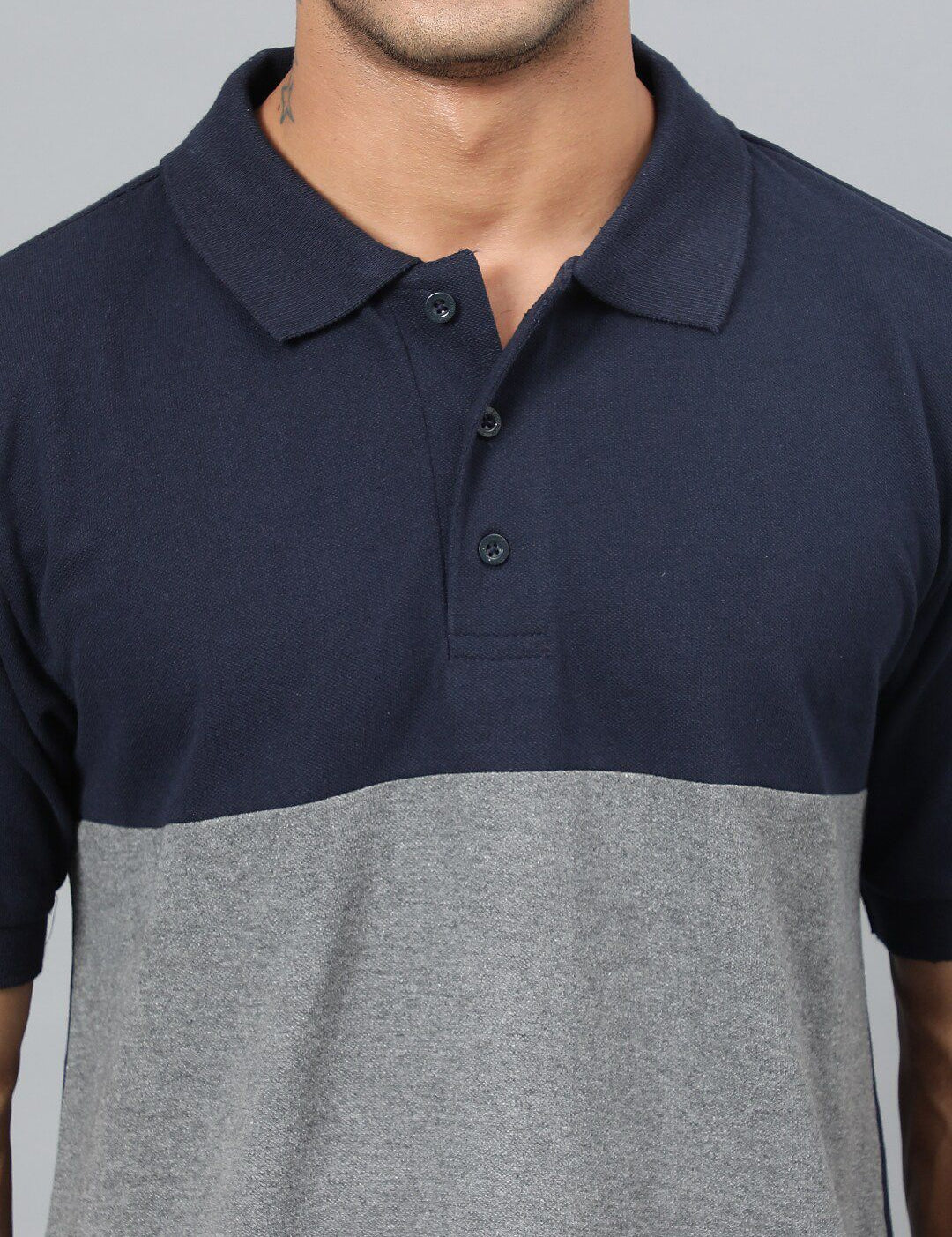 Kotty Navy Blue Grey Colourblocked Polo Collar T-Shirt