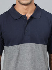 Kotty Navy Blue Grey Colourblocked Polo Collar T-Shirt