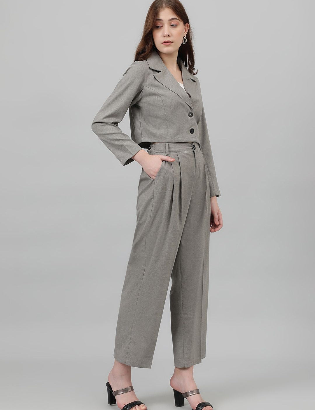 Kotty Grey Lapel Collar Crop Blazer With Trousers