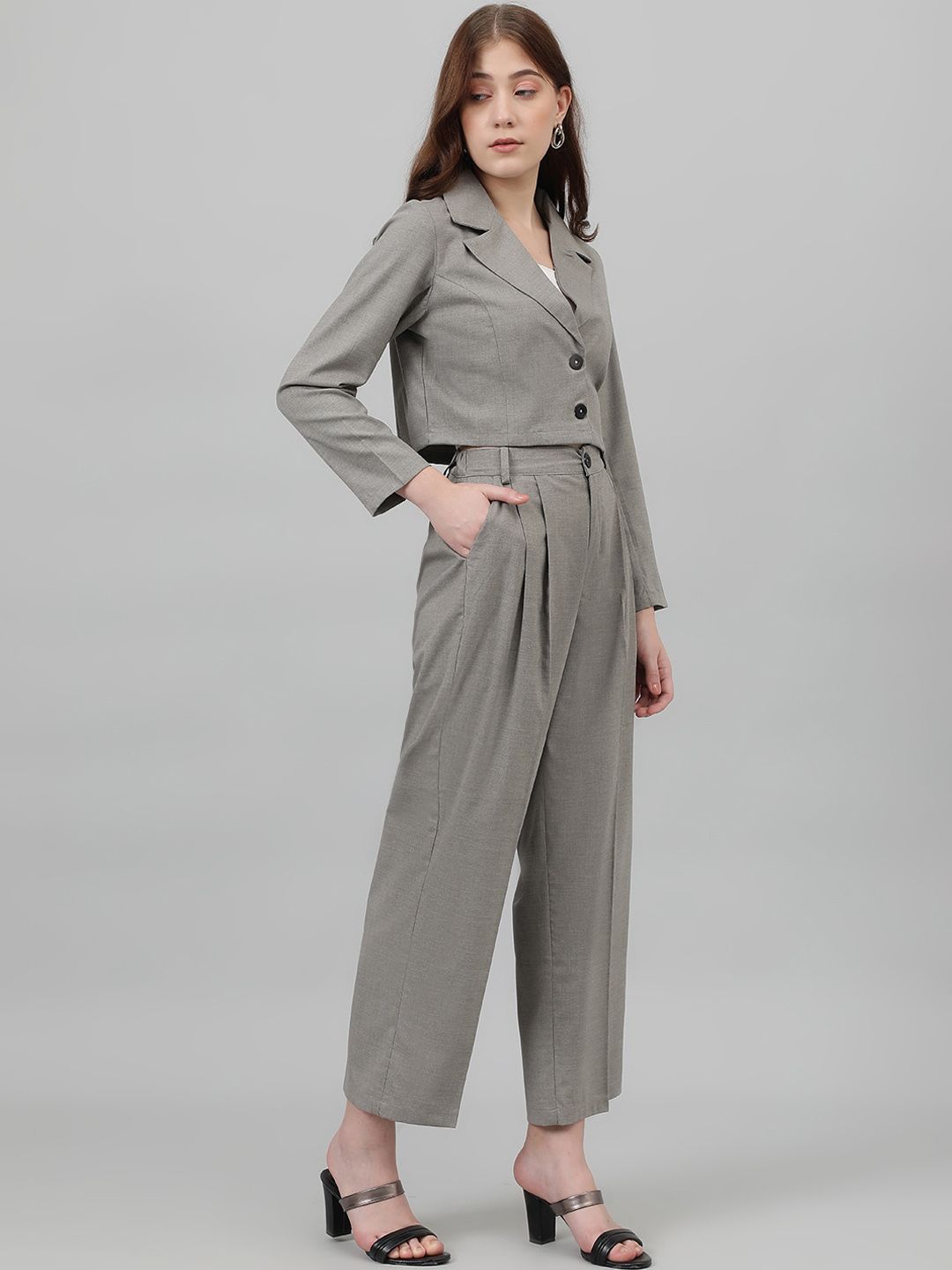 Kotty Grey Lapel Collar Crop Blazer With Trousers