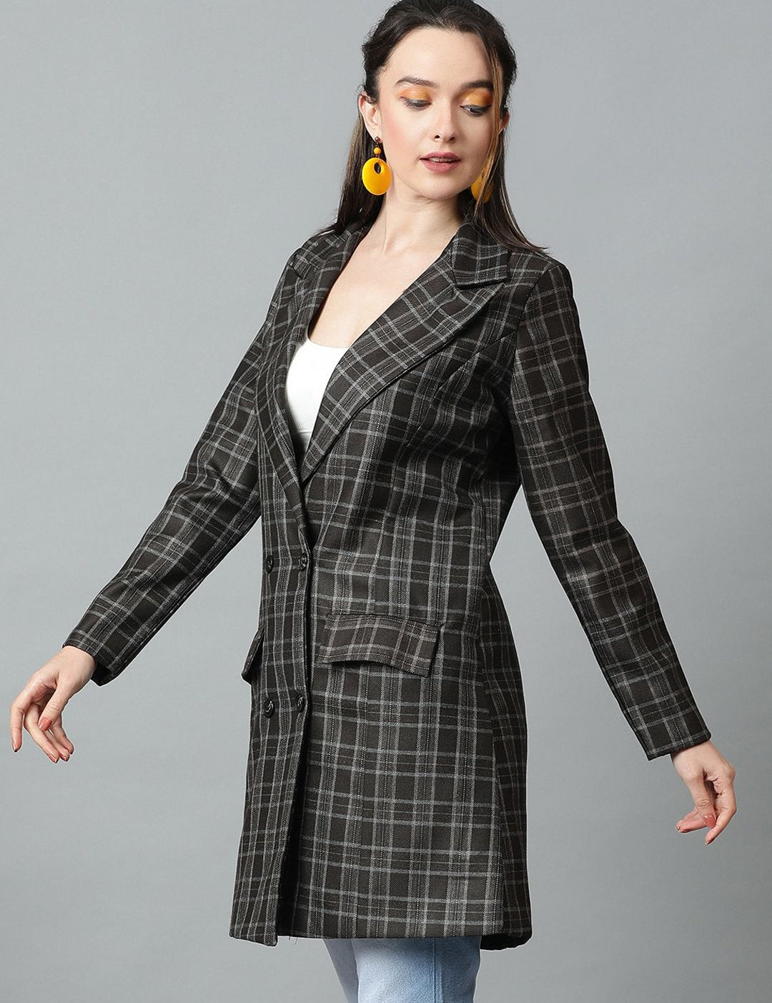 KOTTY BIZwear Grey Checked Double-Breasted Overcoat