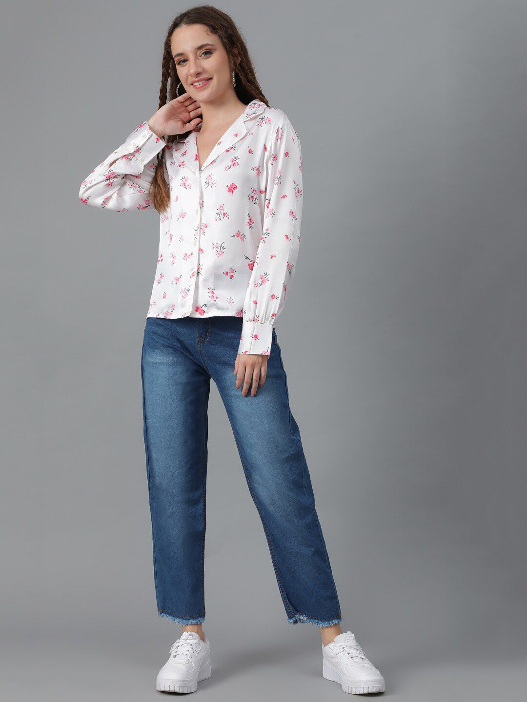 Kotty White & Pink Relaxed Floral Printed Cuban Collar Satin Casual Shirt