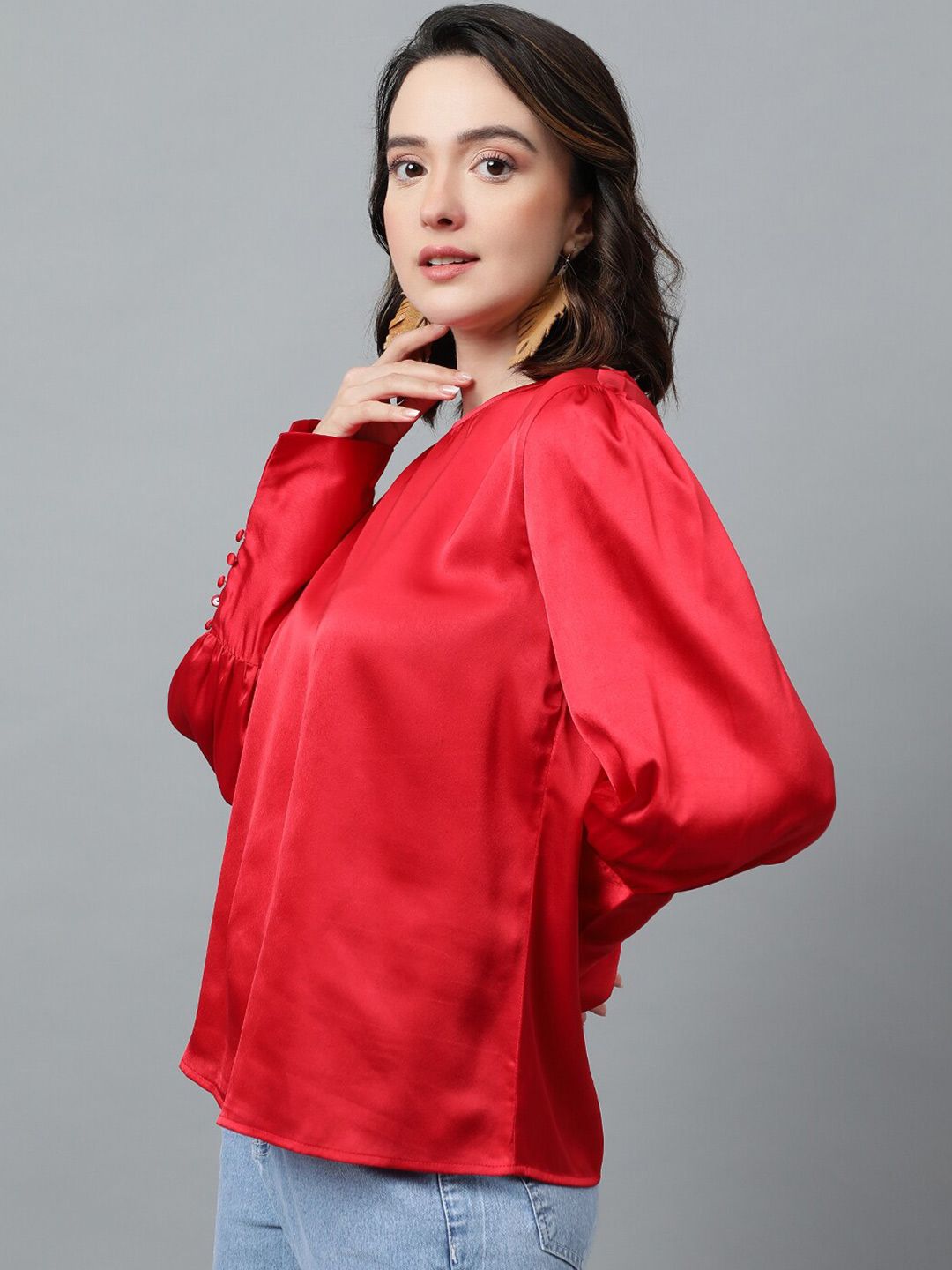 Kotty Red Cuffed Sleeves Satin Top