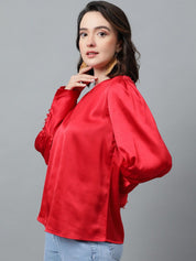 Kotty Red Cuffed Sleeves Satin Top