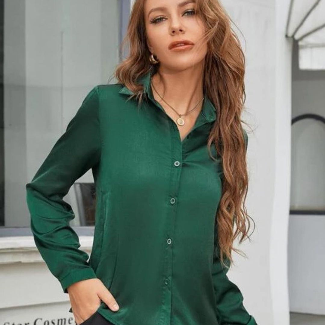 KOTTY BIZwear Green Modern Spread Collar Satin Casual Shirt