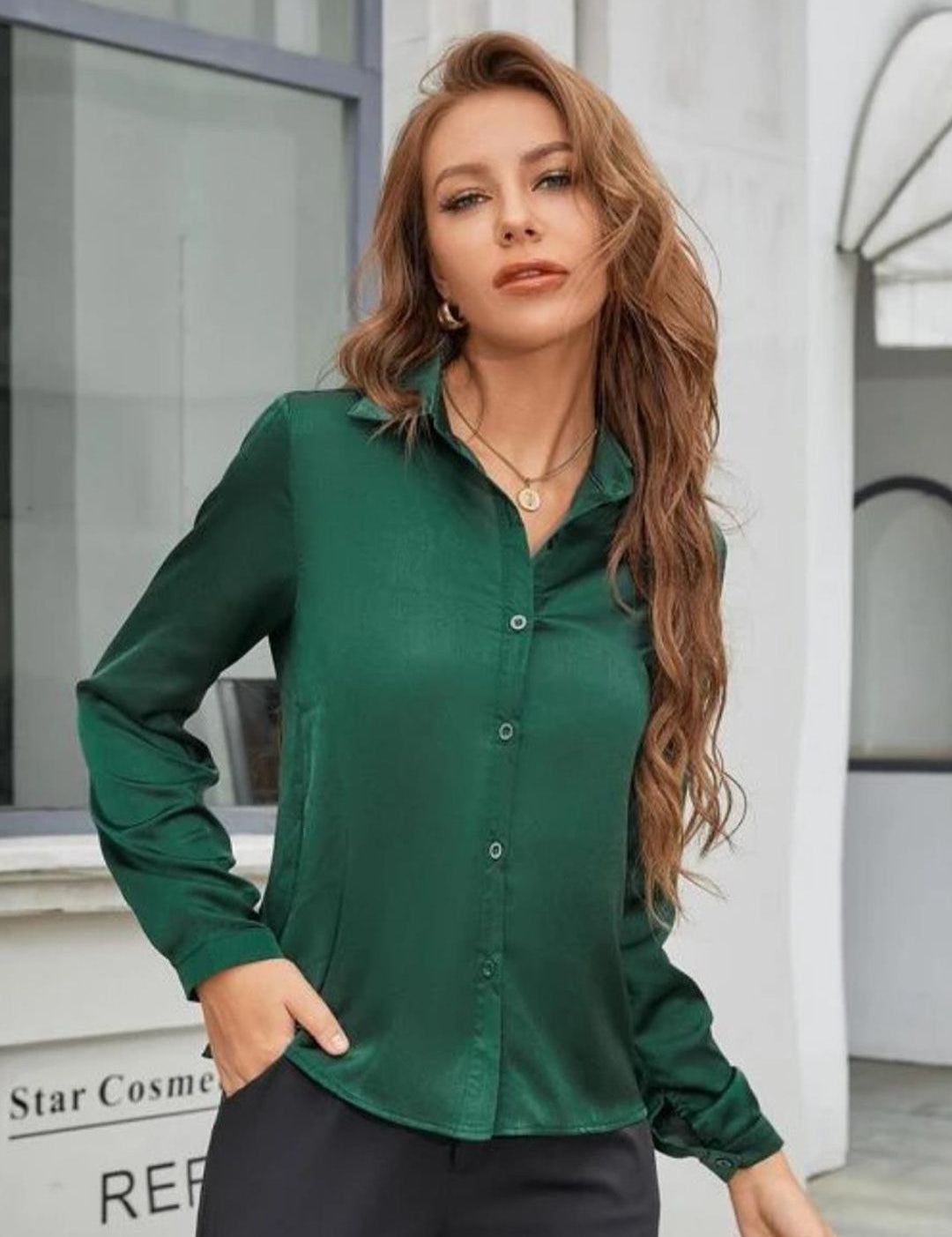 KOTTY BIZwear Green Modern Spread Collar Satin Casual Shirt