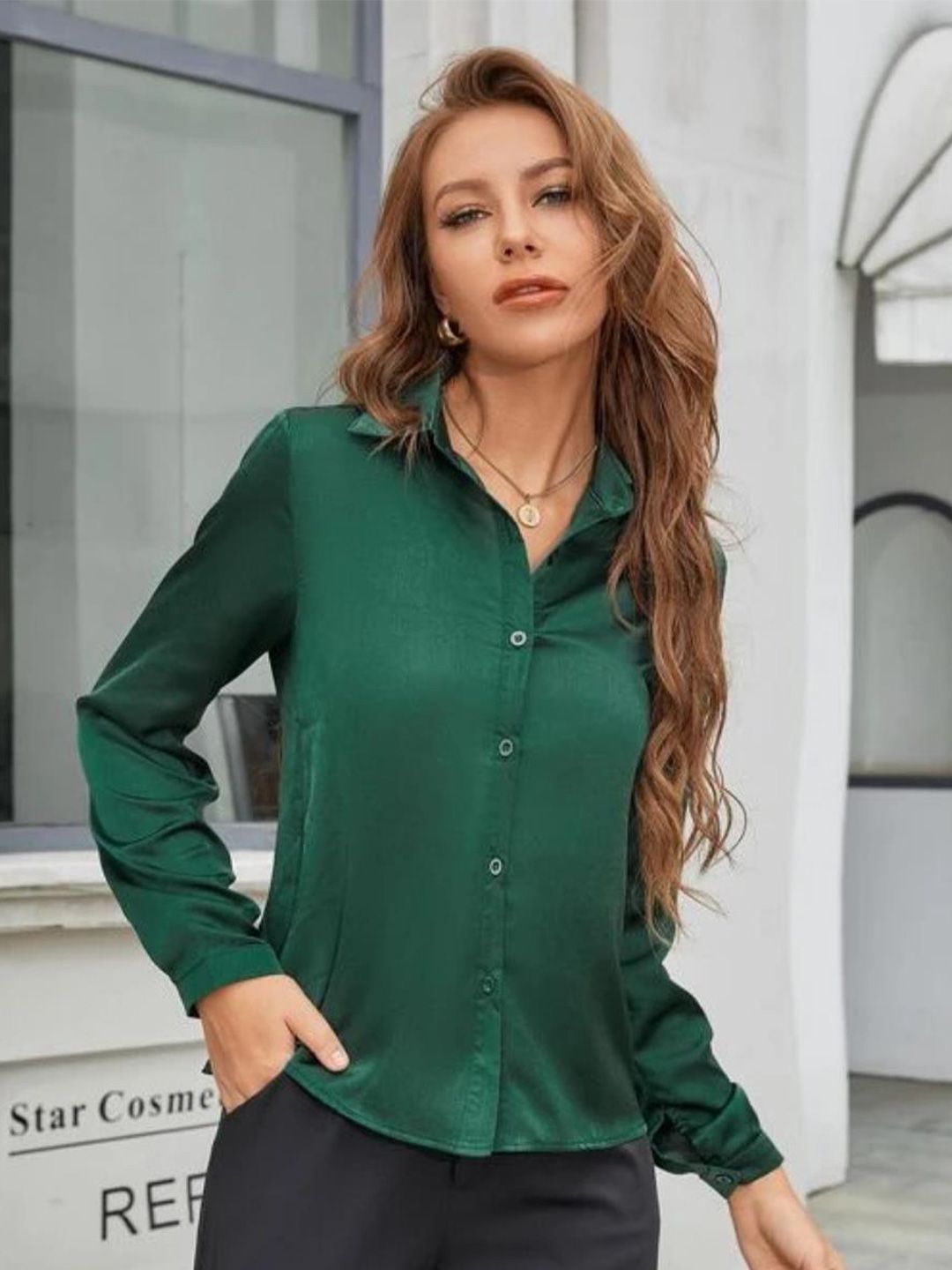 KOTTY BIZwear Green Modern Spread Collar Satin Casual Shirt