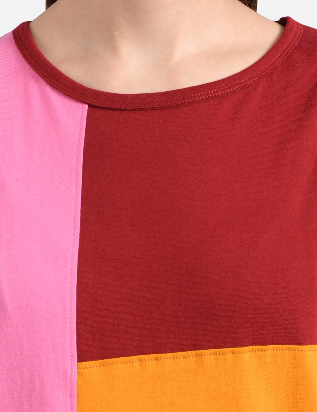 Kotty Women Red & Pink Colourblocked Round Neck T-shirt