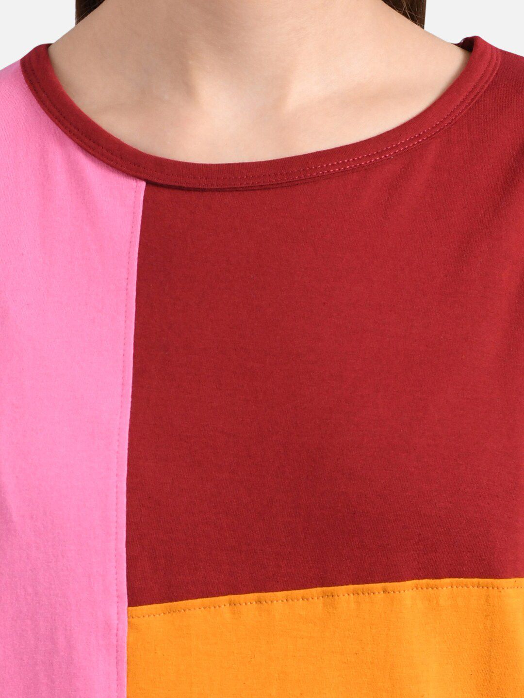 Kotty Women Red & Pink Colourblocked Round Neck T-shirt