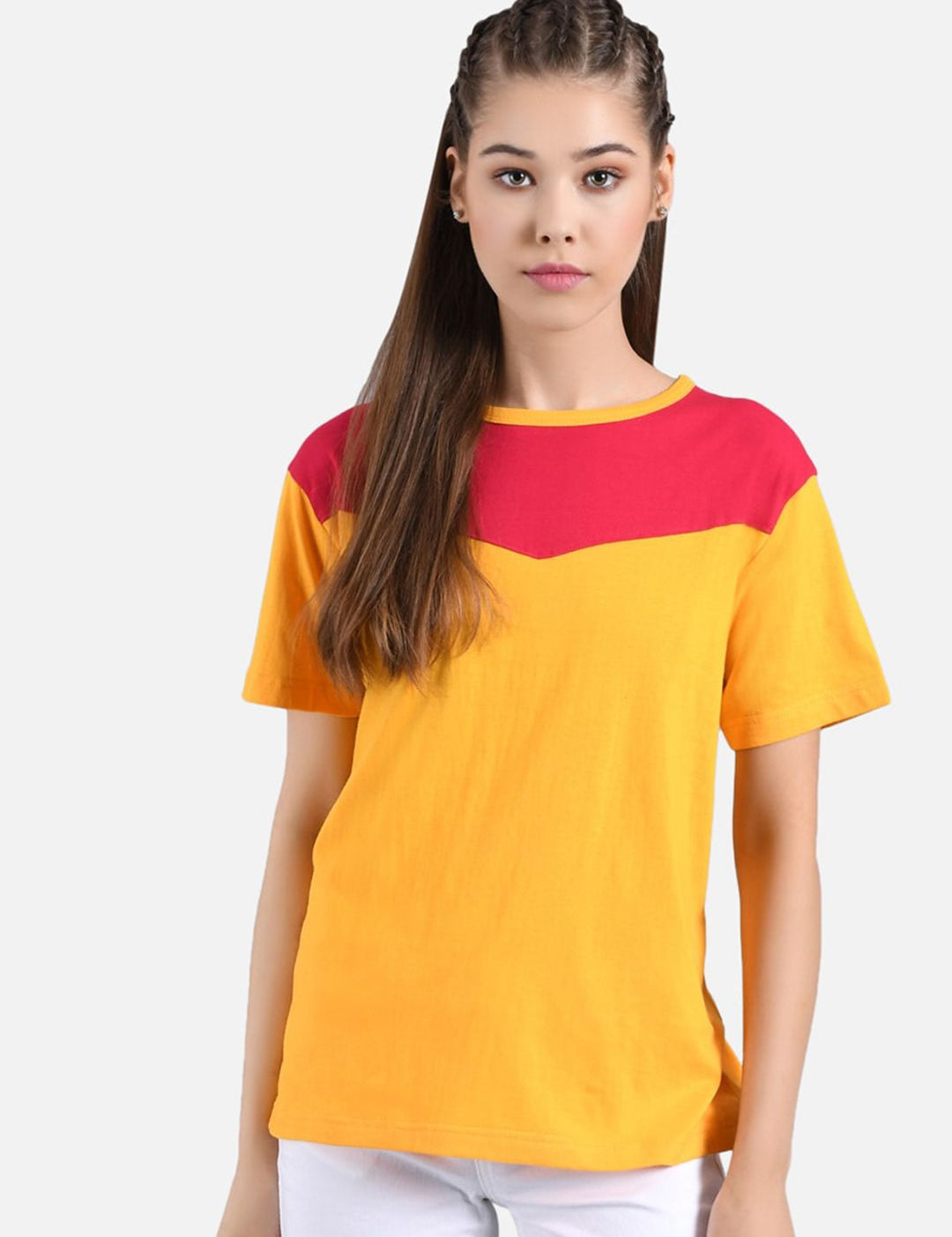 Kotty Women Mustard Yellow & Red Colourblocked Round Neck T-shirt