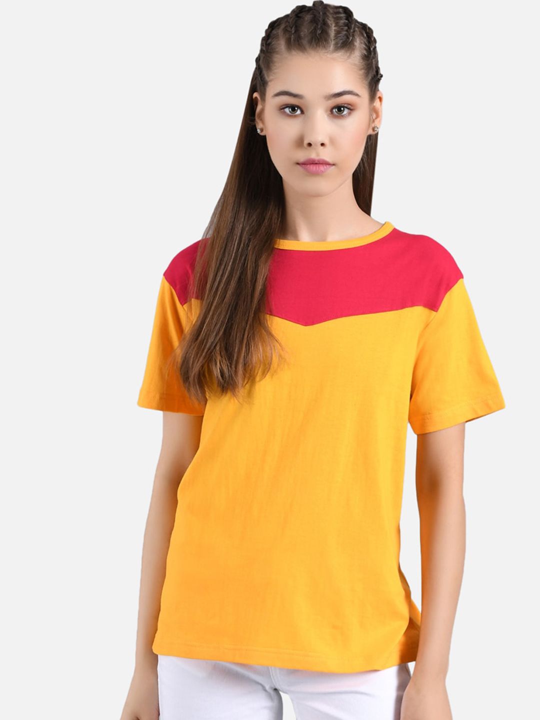 Kotty Women Mustard Yellow & Red Colourblocked Round Neck T-shirt