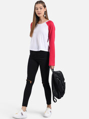 Kotty Women White & Red Colourblocked Boat Neck T-shirt