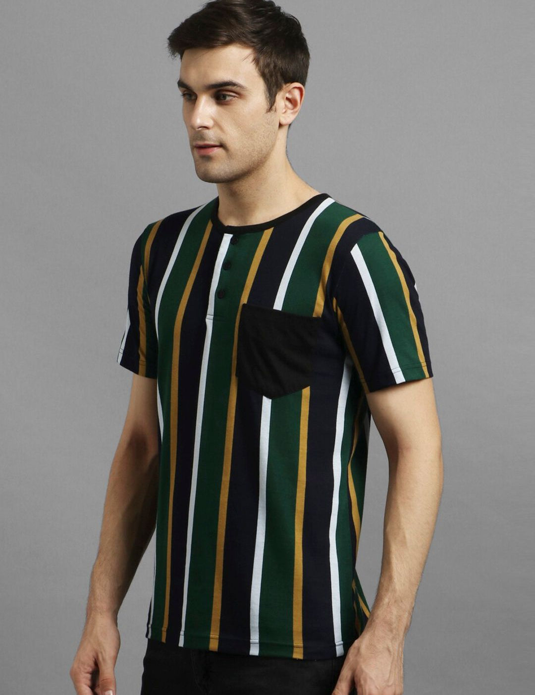 Kotty Men Green Striped Henley Neck T-shirt