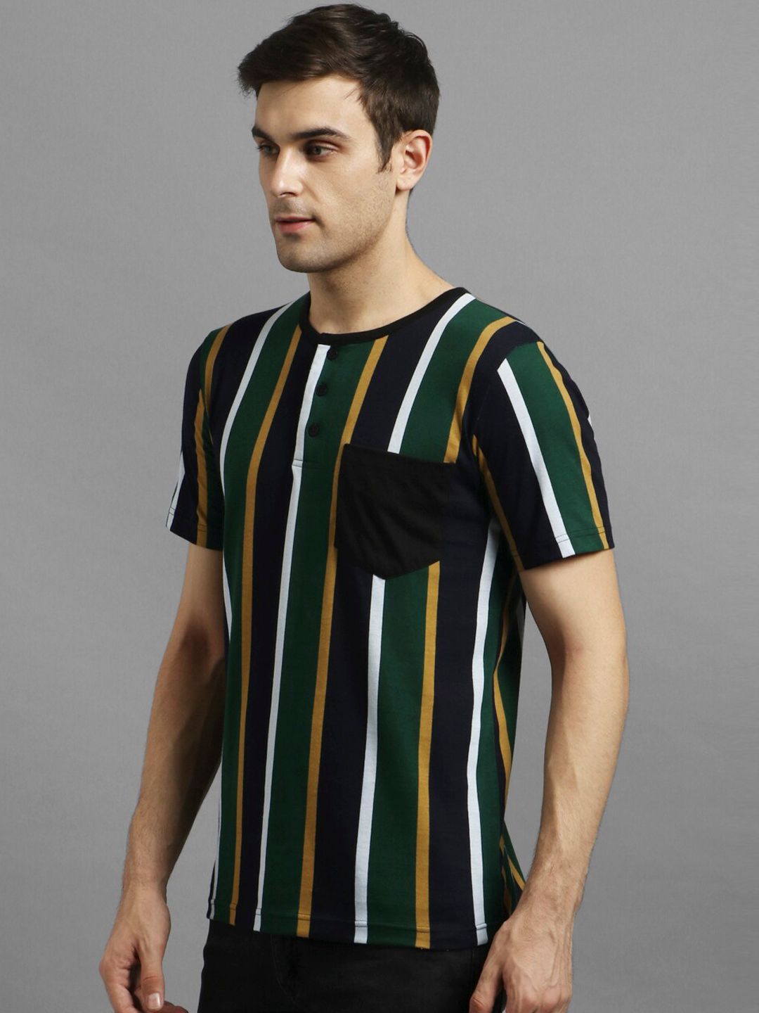 Kotty Men Green Striped Henley Neck T-shirt