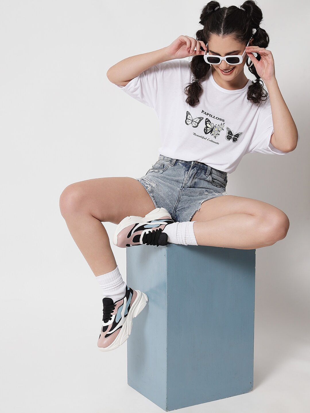 Kotty Women White Typography Printed Extended Sleeves Oversized T-shirt