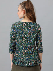 Kotty Green & White Abstract Print Crepe Top
