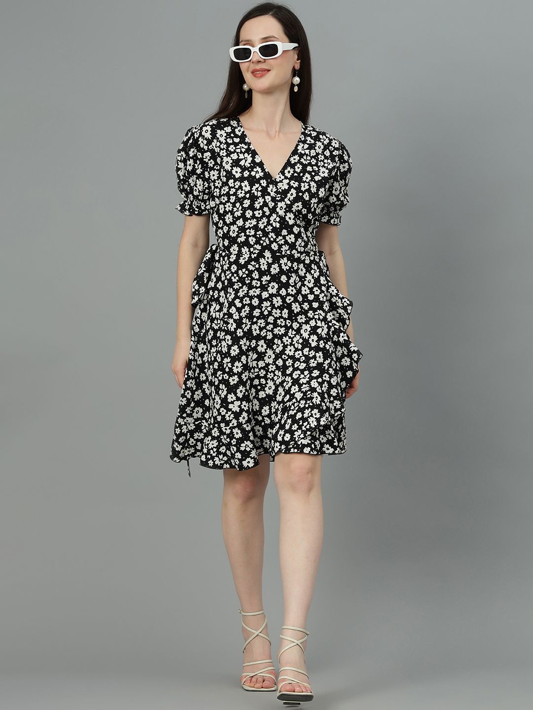 Kotty Floral Printed V-Neck Puff Sleeves Crepe Wrap Dress