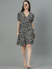 Kotty Floral Printed V-Neck Puff Sleeves Crepe Wrap Dress