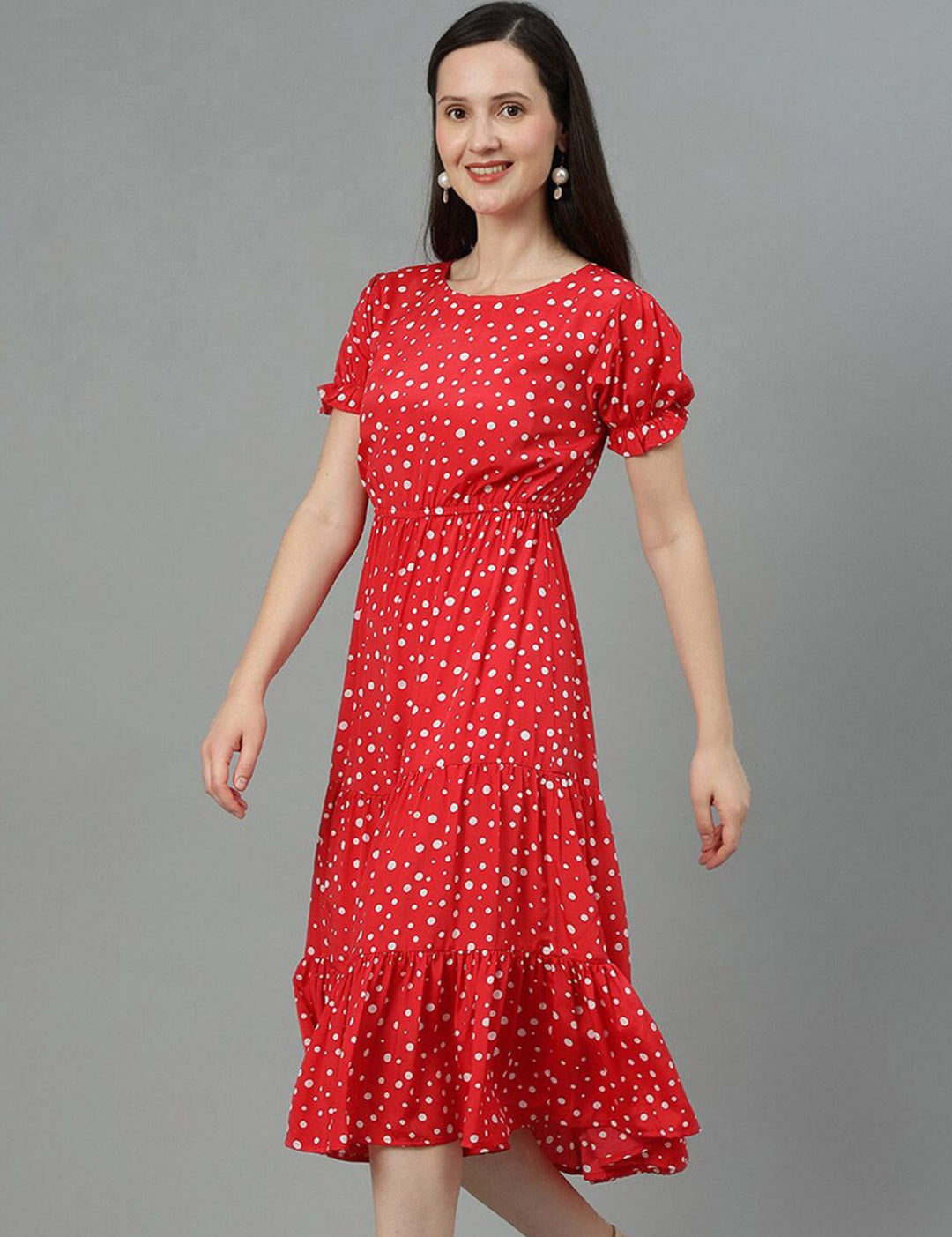 Kotty Red Polka Dot Print Puff Sleeve Fit & Flare Midi Dress