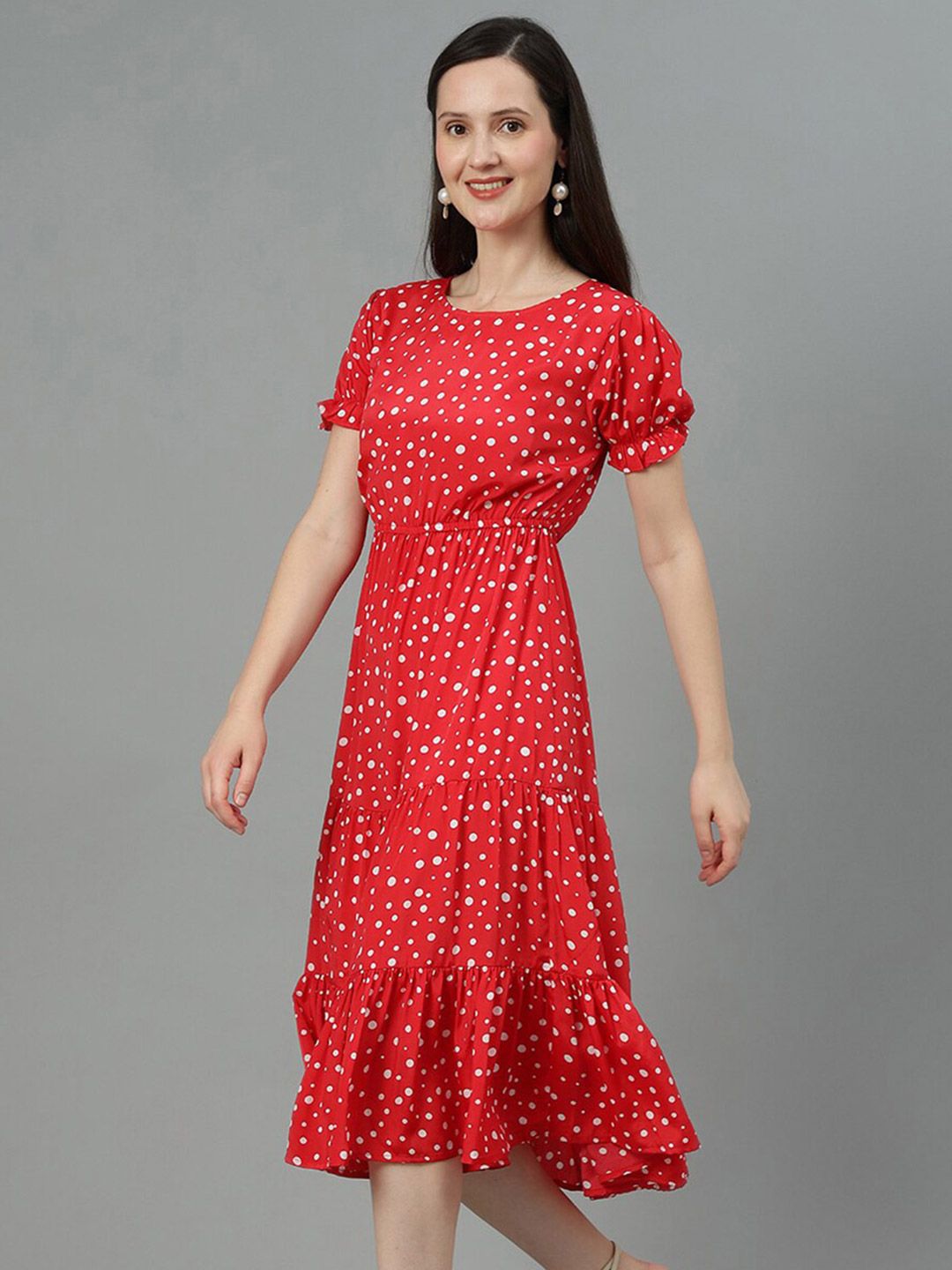Kotty Red Polka Dot Print Puff Sleeve Fit & Flare Midi Dress