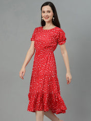 Kotty Red Polka Dot Print Puff Sleeve Fit & Flare Midi Dress