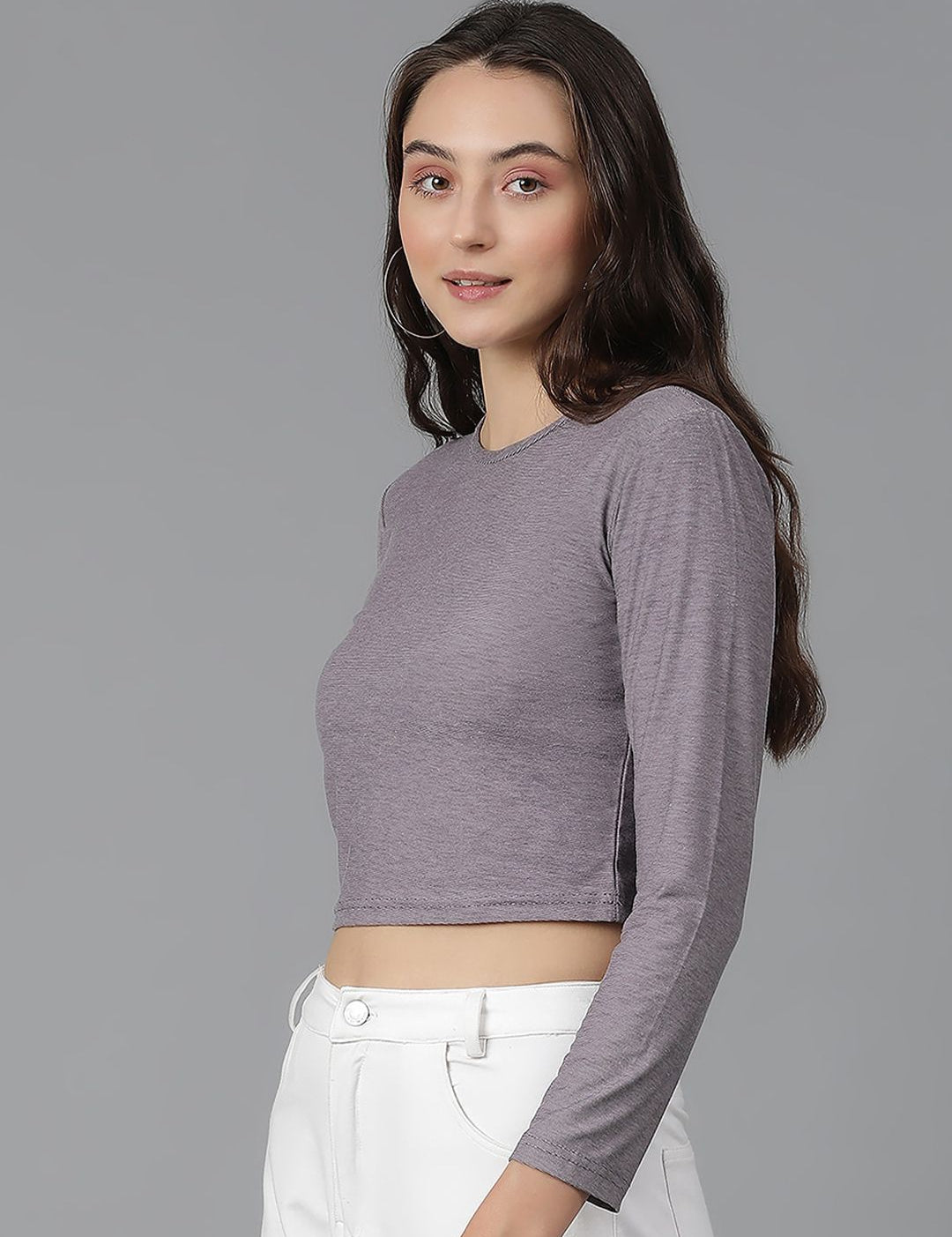 KOTTY Basics Brown Long Sleeves Crop Slim Fit Cotton Casual T-shirt