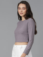 KOTTY Basics Brown Long Sleeves Crop Slim Fit Cotton Casual T-shirt