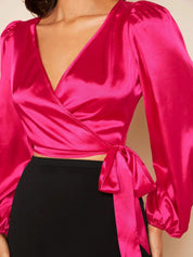 Kotty Hot Pink V-Neck Bishop Sleeve Satin Wrap Crop Top