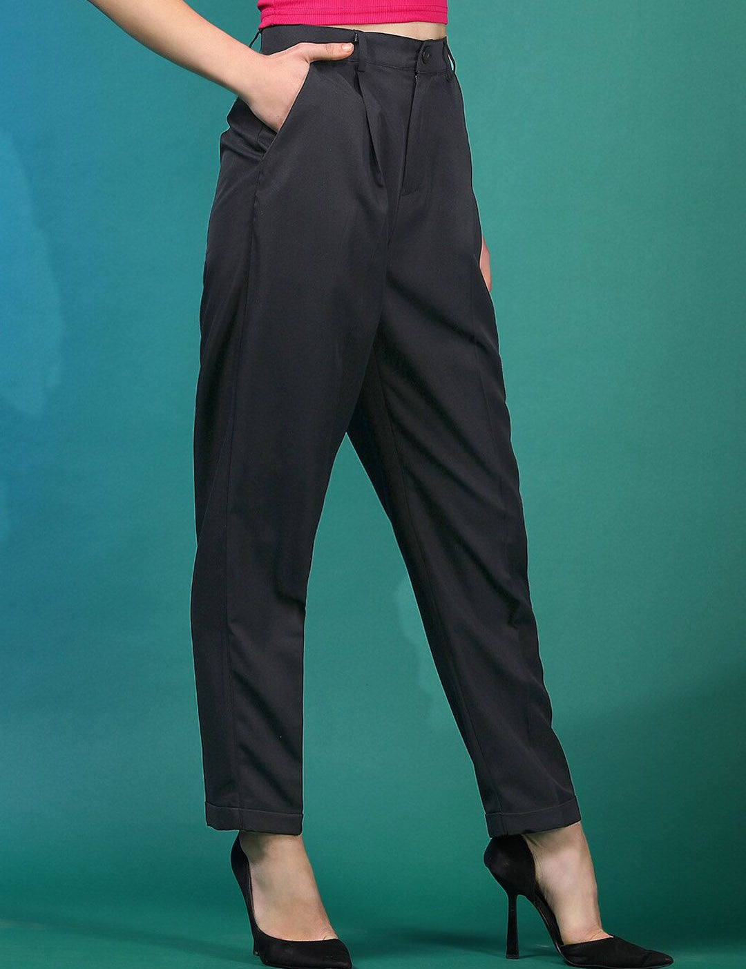 Stylecast X KOTTY BIZwear Women Black Relaxed Slim Fit High-Rise Easy Wash Peg Trousers