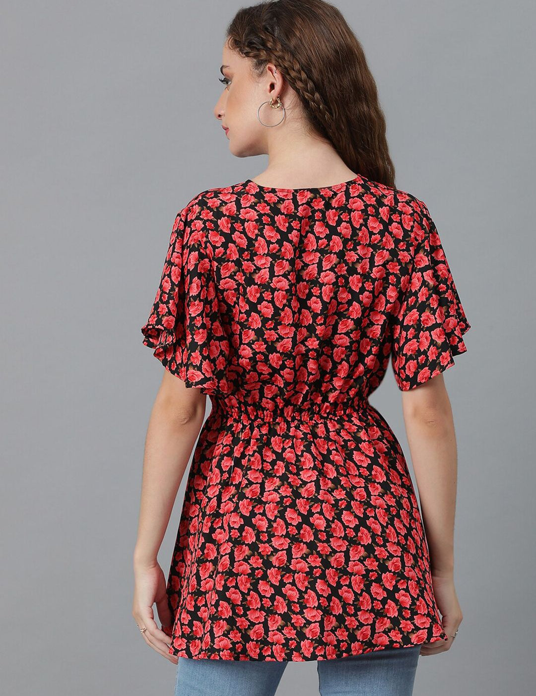 Kotty Red & Black Floral Printed Flared Sleeves Wrap Longline Top