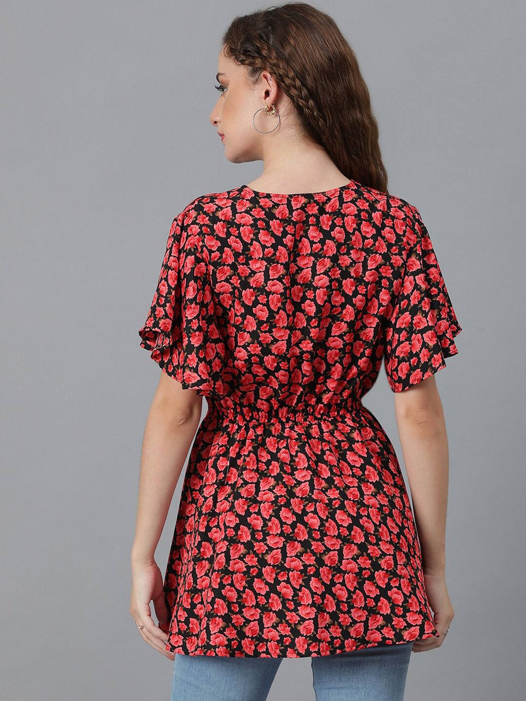 Kotty Red & Black Floral Printed Flared Sleeves Wrap Longline Top