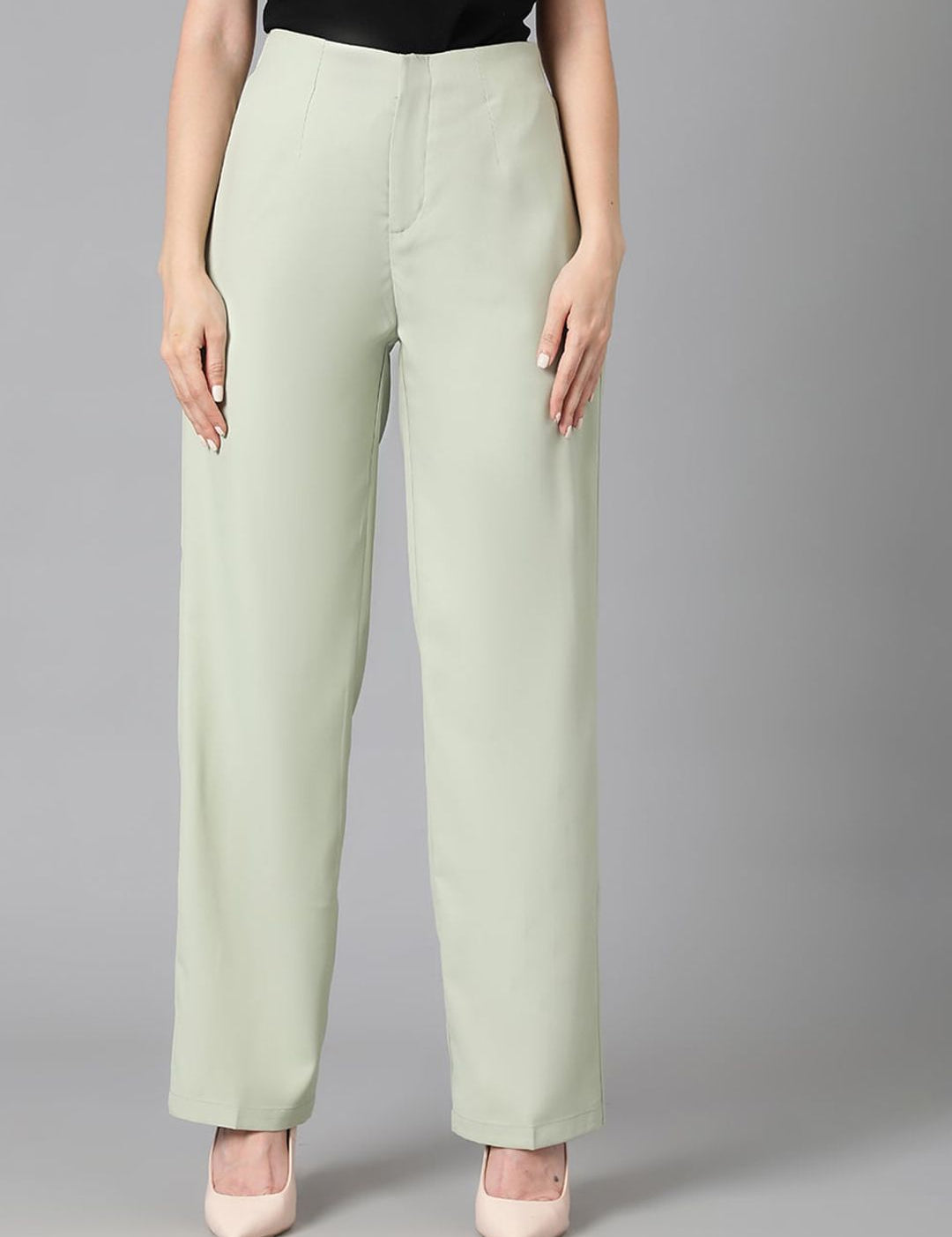 Kotty Women Green Relaxed Straight Leg Straight Fit High-Rise Easy Wash Parallel Trousers