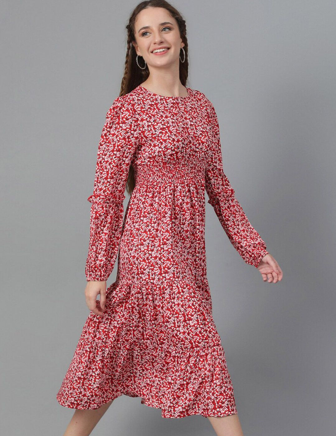 Kotty Red Floral Print Puff Sleeve Fit & Flare Midi Dress