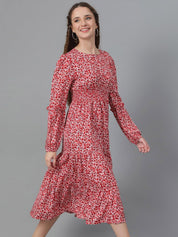 Kotty Red Floral Print Puff Sleeve Fit & Flare Midi Dress