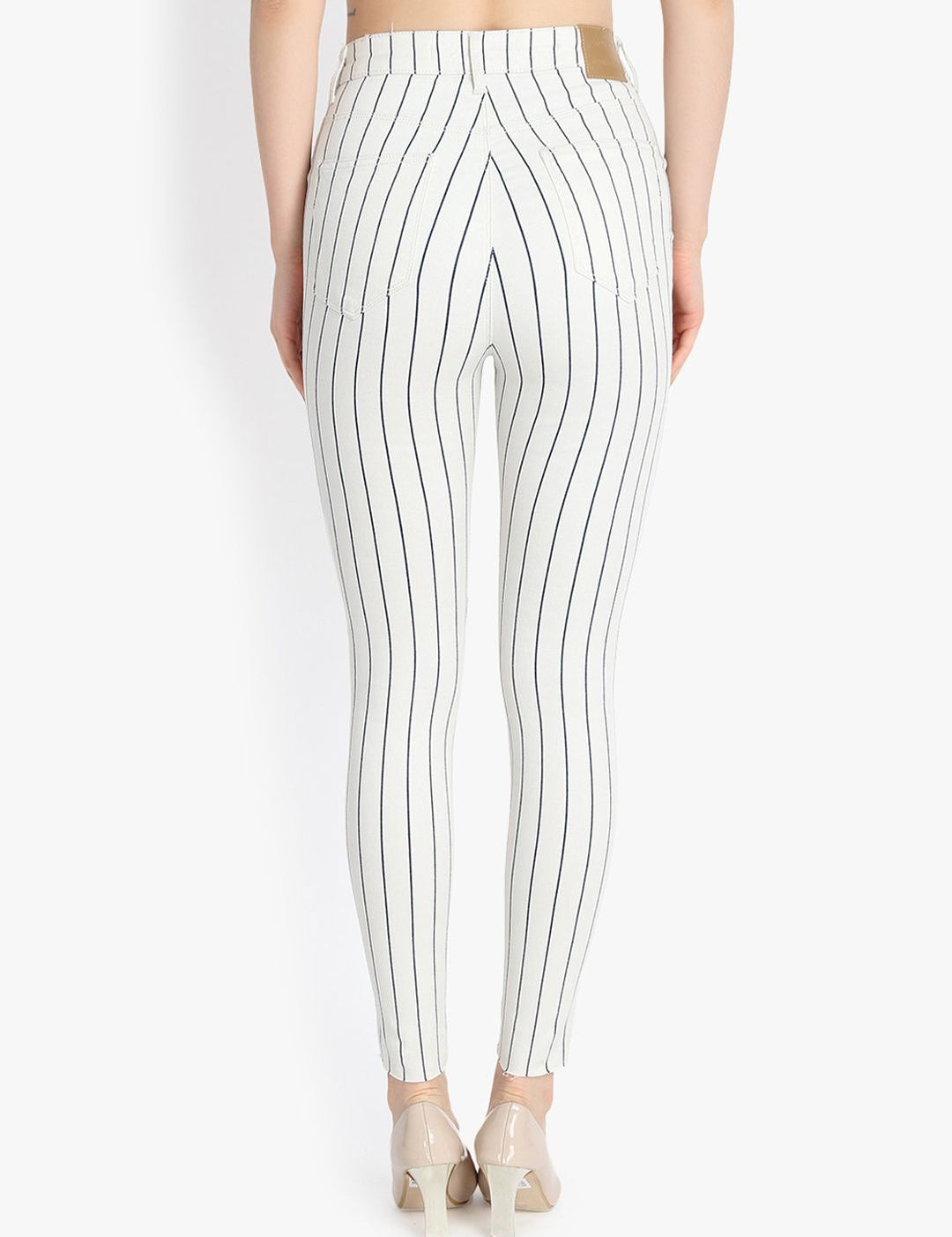 Kotty Women White Striped Skinny Fit High-Rise Slash Knee Jeans