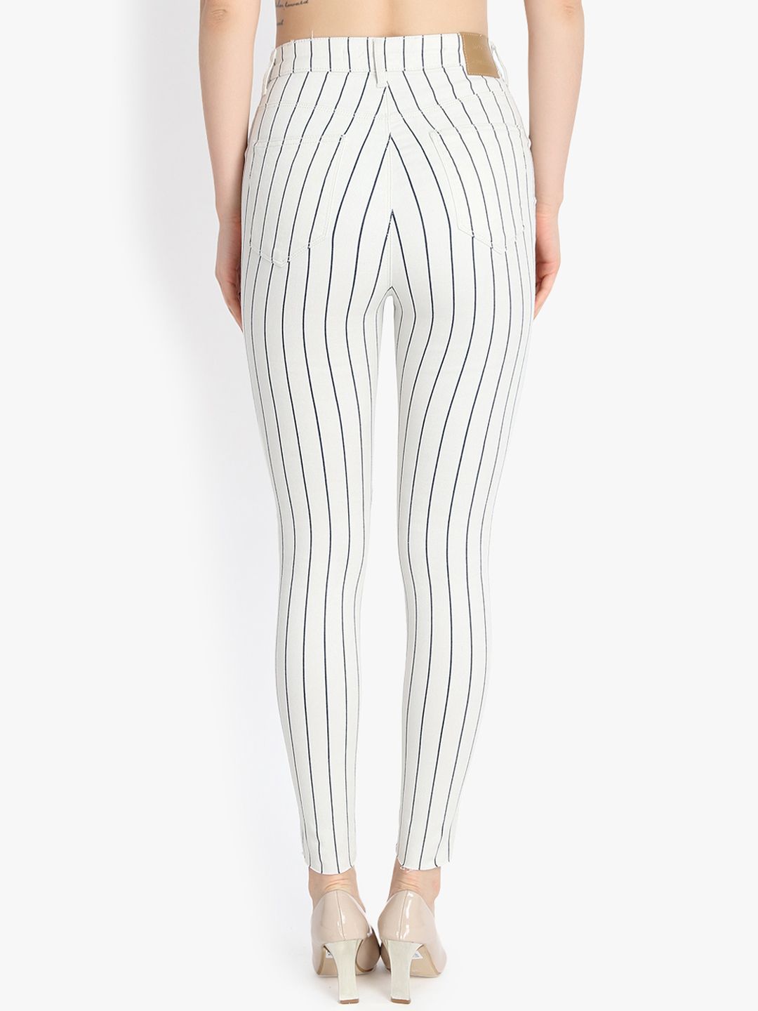 Kotty Women White Striped Skinny Fit High-Rise Slash Knee Jeans