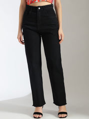 Stylecast X KOTTY Basics Women Black Slim Fit High-Rise Clean Look Frayed Hem Stretchable Jeans